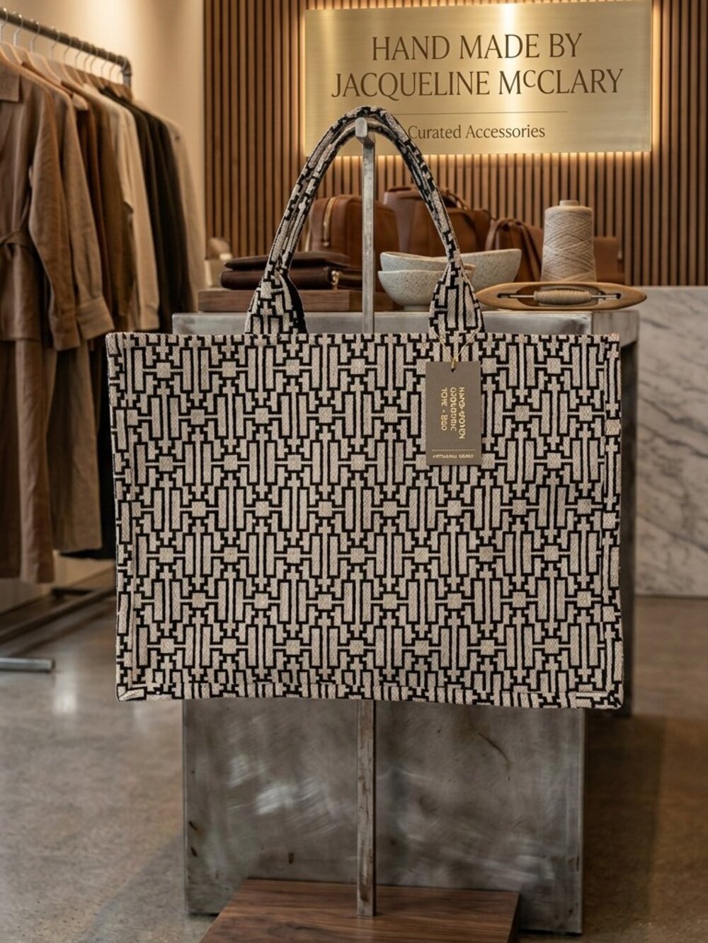 A handmade tote bag features a structured canvas body with two top handles.